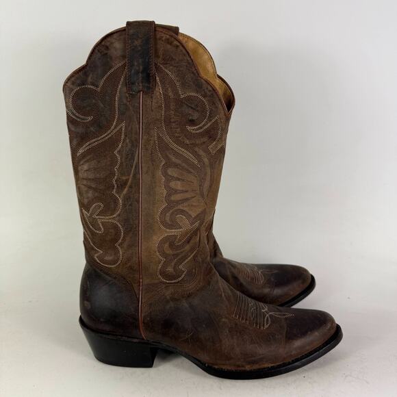 J.B. Dillon Western Boots Men's 8.5 Brown Leather Embroidered Mid-Calf Cowboy - Picture 2 of 10